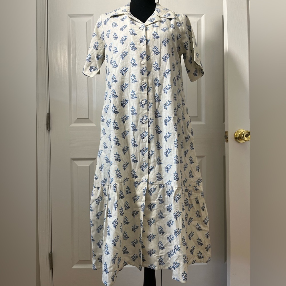Janasya Printed Midi Dress Ivory Blue Floral Size XS
